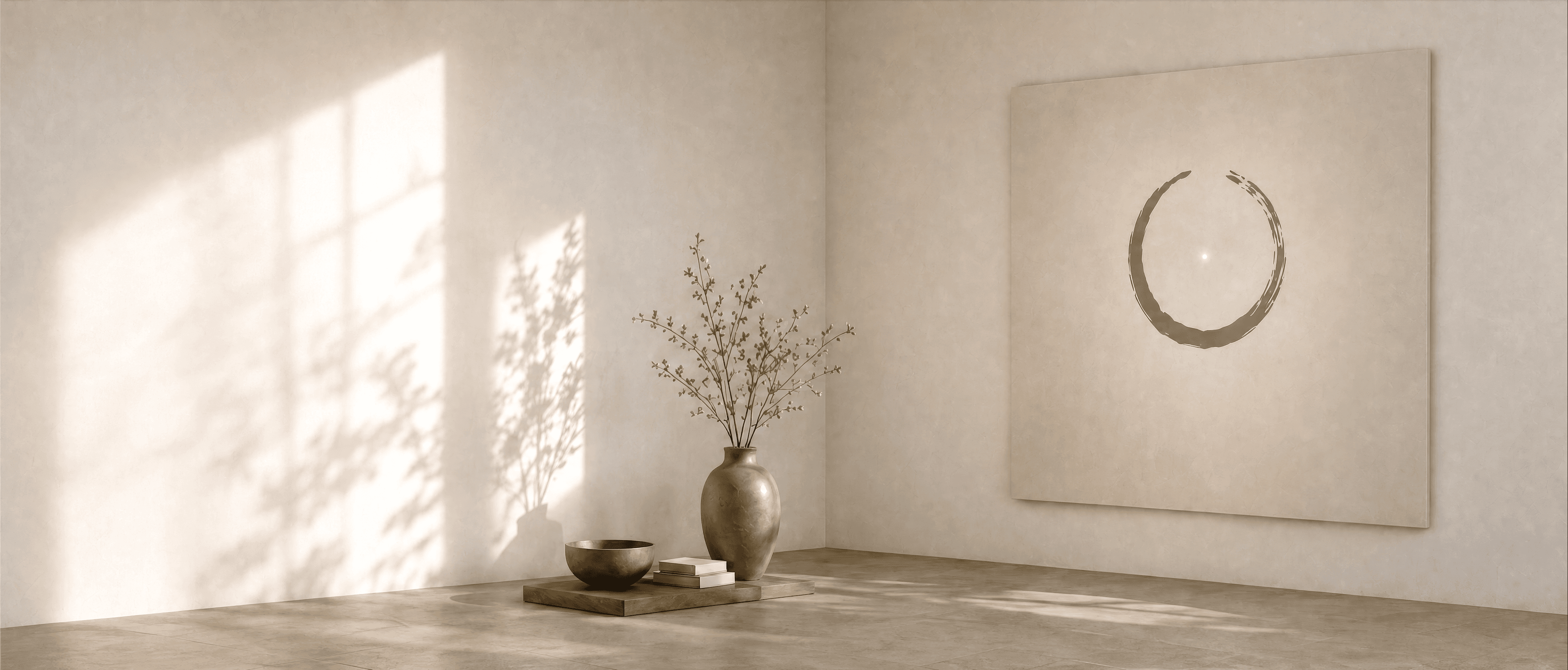 Heller, minimalistischer Raum mit einer Vase, getrockneten Zweigen und einem ruhigen Wandbild.